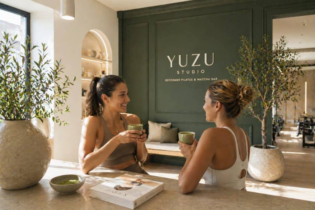2 personnes qui discutent dans le studio de Yuzu pilates, un matcha à la main